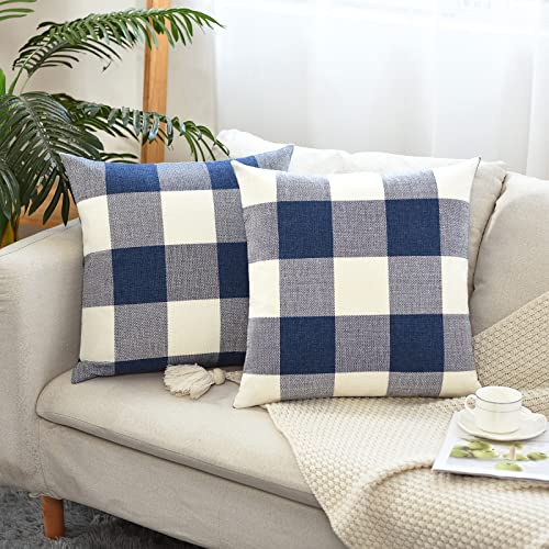 Tosewever Set of 2 Buffalo Check Plaid Pillow Covers Farmhouse Rustic Pillow Cases Cotton Linen Throw Pillow Covers Cushion Case for Home Decor Car Bed Sofa Couch (18 x 18 2 Pack Blue & White)
