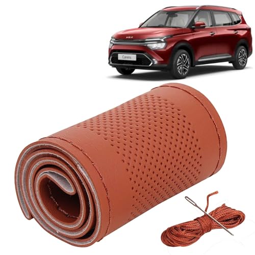 Image of KINGSWAY PU Leatherite Car Steering Cover Sewable Compatible with Kia Carens (Year 2022 Onwards), Tan Color with Tan Thread, Pack of 1 with Sewing Needle and Thread