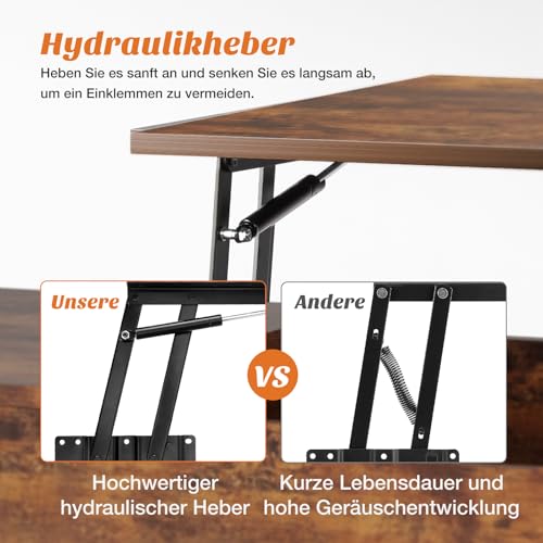 Sweetcrispy Couchtisch Höhenverstellbar, Tisch Wohnzimmertisch, offener und versteckter Stauraum Couchtisch, Sofatisch Beistelltisch, 100 x 50 cm Sofatisch aus Holz für Wohnzimmer, Braun