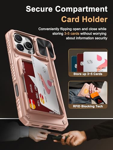 Image of Vihibii for iPhone 16 Pro Max Case Wallet with Card Holder (4 Cards) [RFID Blocking] & Slide Camera Cover, Military Grade Drop Protection, Rugged Back & Silicone Edge Phone Case, 6.9 inch 2024, Rose Gold