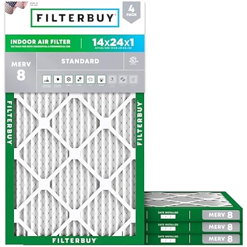 Filterbuy 14x24x1 Air Filter MERV 8 Dust Defense (4-Pack), Pleated HVAC AC Furnace Air Filters Replacement (Actual Size: 13.38 x 23.38 x 0.75 Inches) Cover
