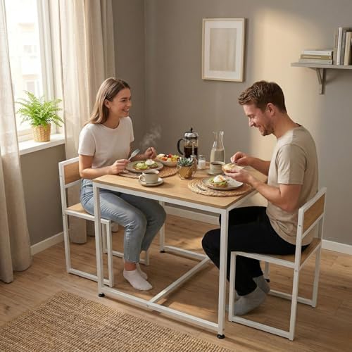 Image of FFO 2 Seater Dining Table Set for Home, Compact Space Saving Dining Table with 2 Chairs, Metal Frame & Engineered Wood Top, Modern Kitchen Table Set for Dining Room, Apartment & Small Spaces