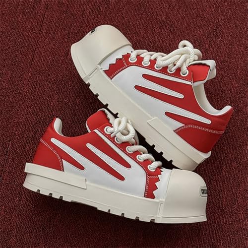Men's Chunky Platform Sneakers - Geometric Contrast Design with Cushioned Comfort Thick Sole Casual Shoes for Everyday Urban Style (Black/White & Red/White)4