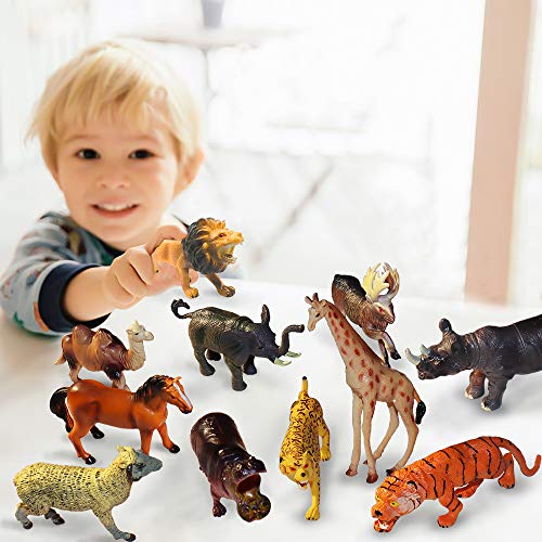 ToyerBee Safari Animals Toy, Varieties of Zoo, Jungle, African Animals of 12 Pcs, Educational Toys of Animal Figurines with a Map for Party Supplies, Great Gift Set for Kids & Toddlers of 3 Years up