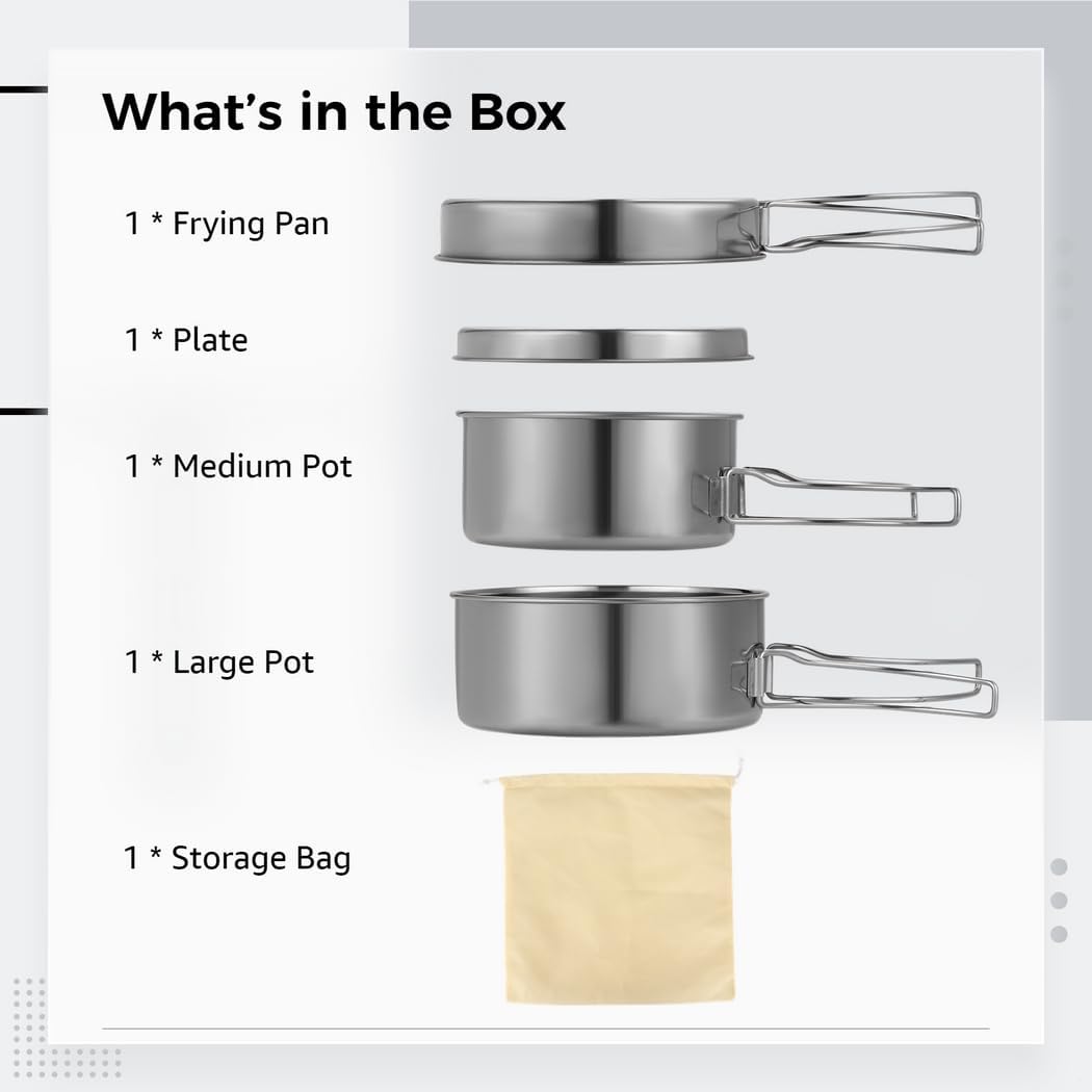 Portable Stainless Steel 4-Piece Camping Cooking Set with Storage Bag, Lightweight Pots, Pan, and Plate for Hiking, Mountaineering, Outdoor Use