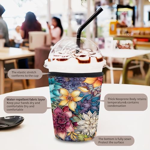 Image of 3 Pack Reusable Neoprene Insulator Sleeve for Iced Coffee Cups, Funny Coffee Cup Sleeves for 16-32oz Coffee cups, Cute Drink Sleeve for Cold Hot Beverages Luxuious Colorful Floral