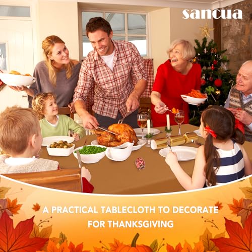 Image of sancua 2 Pack Tablecloth Rectangular 60x102 Inch Light Brown, Thanksgiving Table Cloth Rectangle for 6 Foot Tables - Stain and Wrinkle Resistant Washable Polyester Cover for Fall Dining Parties Bronze