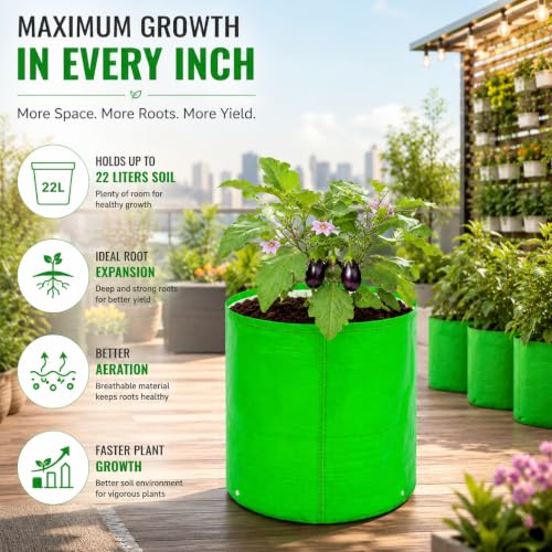 Image of Grow Bags for Terrace Gardening, Premium HDPE Green-Orange Large Planters for Fruit Trees, Vegetables, Flowers & Home Garden Pack of 7(15x15)