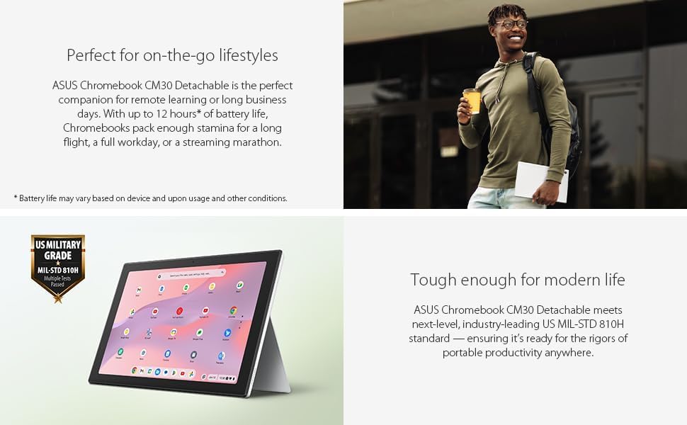 ASUS Chromebook CM30 Detachable 10.5 Inch 2-in-1 Laptop and Tablet | FHD Touchscreen Display, Fast-Charging Stylus | 4GB RAM, 64GB Storage | WiFi 6, 4G LTE | ChromeOS, Fog Silver | 12HR Battery Life
