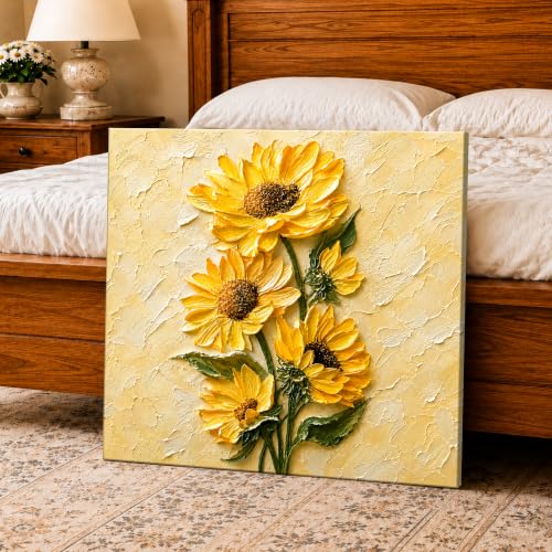 Image of PAINTINGMANTRA Textured Embossed Floral Canvas Wall Art Painting for wall decoration, Vibrant Yellow Sunflower Motifs Stretched Canvas Painting for living room, bedroom, office and Home, 22x22 Inch