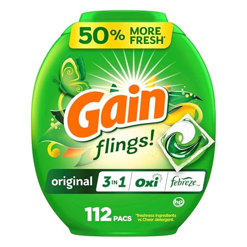 Gain Flings Laundry Detergent Pacs, 112 Count, Original Scent, 3 in 1 HE Detergent Pacs with Oxi Boost and Febreeze