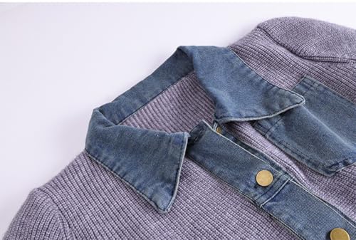 Image of Womens Sweaters Patchwork Denim Sweater Cardigan Long Sleeve Chunky Knit Cardigans Fall Cardigan