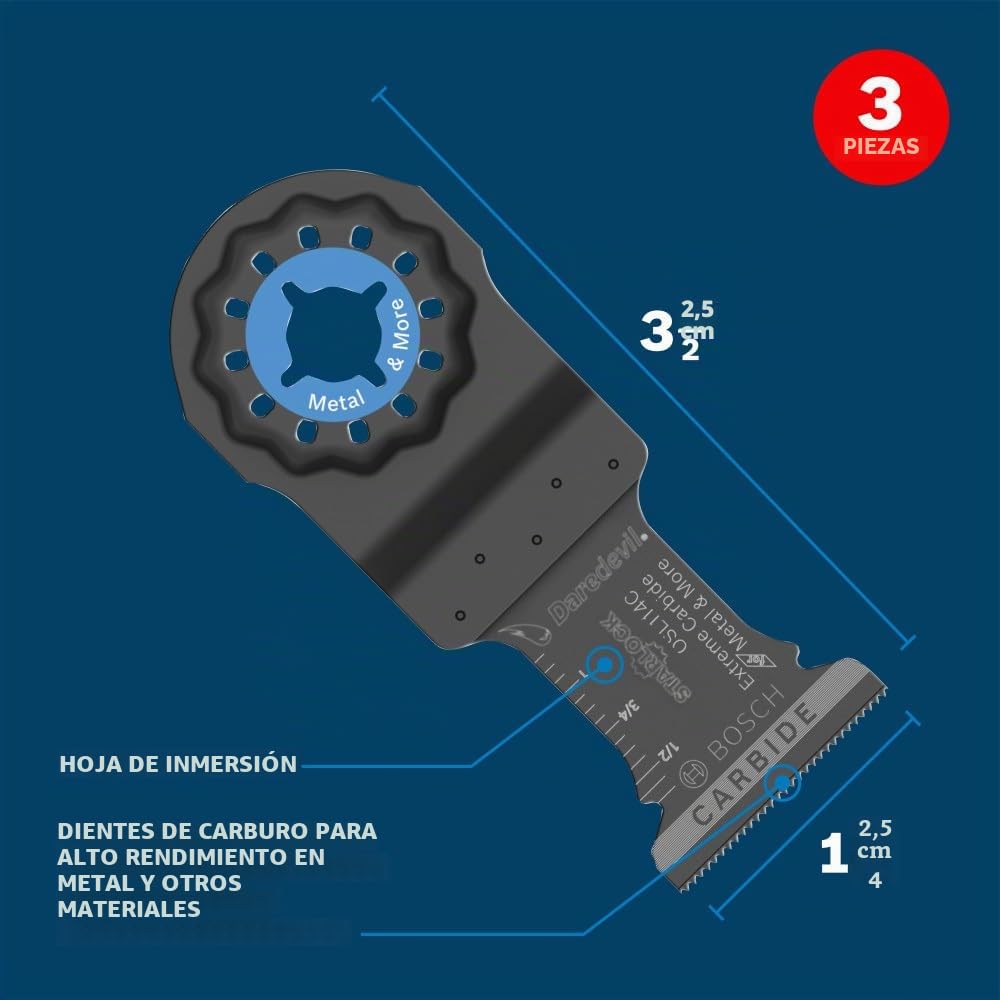 BOSCH Starlock OSL114C-3 - Paquete de 3 cuchillas oscilantes multiherramienta oscilante de metal y más carburo para cortar barra de hierro, metal, madera con clavos, paneles de yeso y azulejos