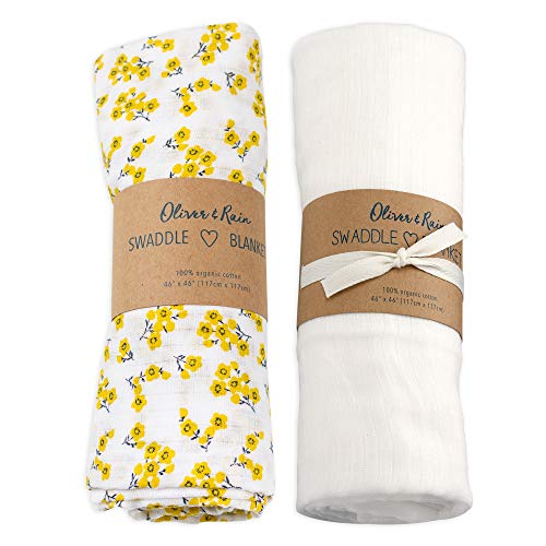 Image of Oliver & Rain Organic Muslin Baby Girl Swaddle Blankets 2 Pack Receiving Yellow Floral & White