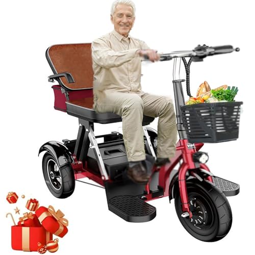 Seniorenmobil Dreirad, Elektromobil Klappbar, Faltbar, Leichter Reisemobilitätsroller, Elektro Dreirad Fahrrad Scooter für Erwachsene Senioren, Mobilitätsroller mit Korb, Traglast 150kg, Rot