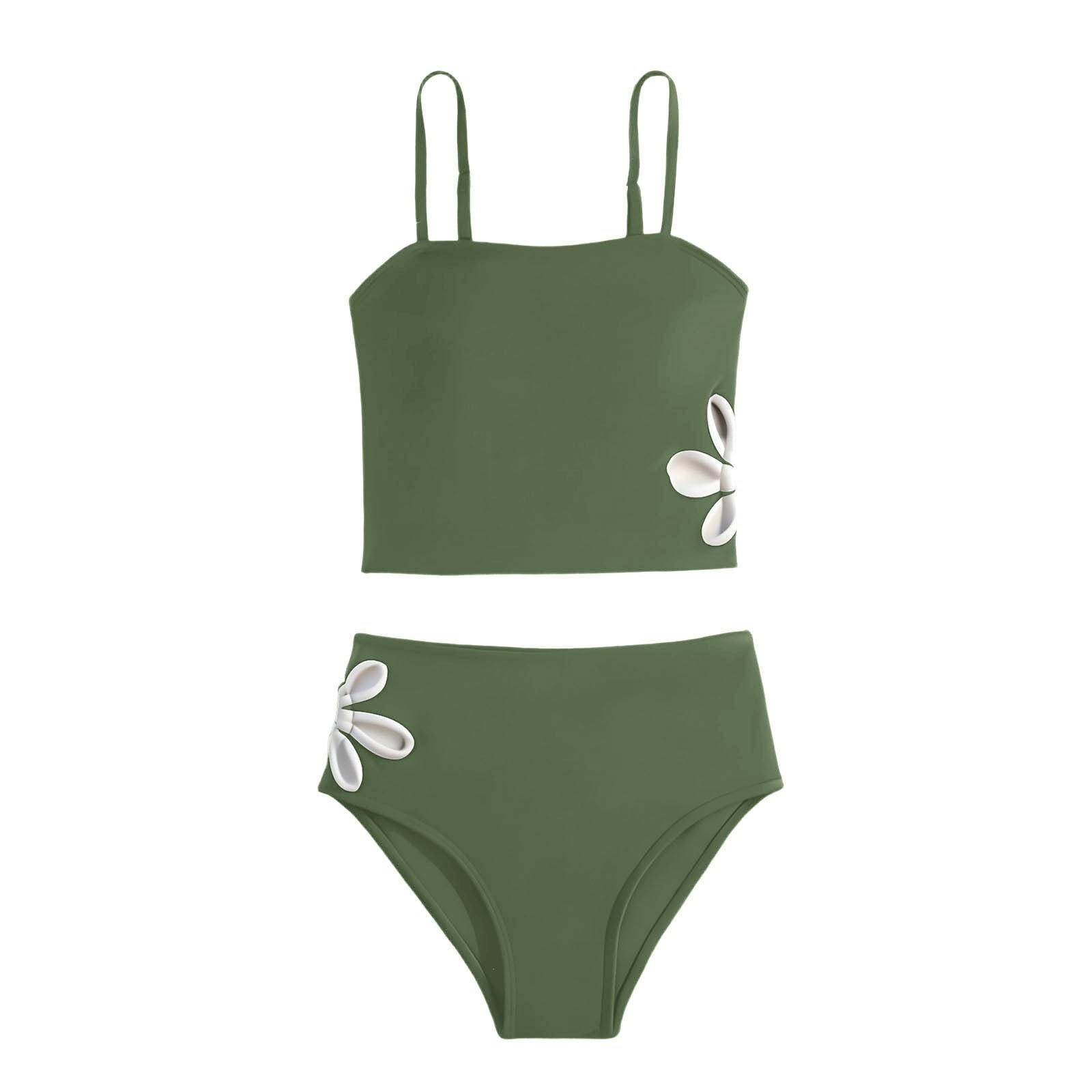 Costume da Bagno Tankini Due Pezzi con Stampa Floreale Laterale per Ragazze, Tinta Unita Estivo