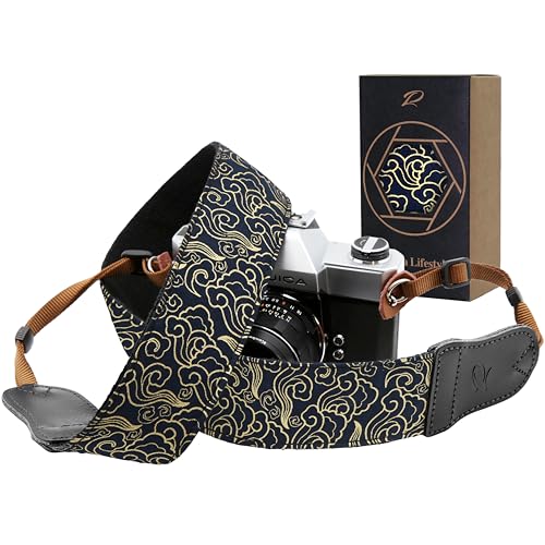 Padwa Lifestyle Camera Strap - 2 Wide with Cowhide Head Vintage Ukiyo E Style Auspicious Cloud Pure Cotton Camera Shoulder Straps Personalized Adjustable Camera Neck Strap for all DSLR/SLR Cameras