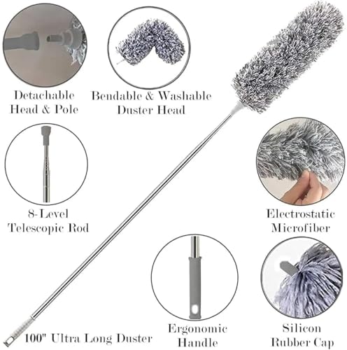 Image of Cleaning Brush Feather Microfiber Duster with Extendable Rod Dust Cleaner Fit Ceiling Fan Car Home Office Cleaning Tools (Multicolour)