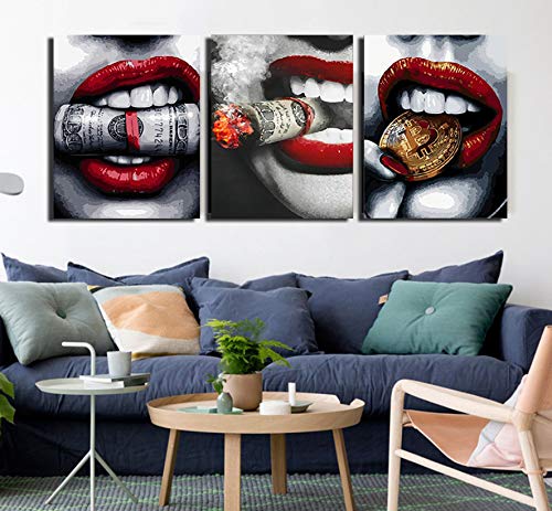 Serie de labios rojos: 【Lujo】-Núcleo de pintura en aerosol moderno a la moda, labios rojos sexys, estilo nórdico, decoración de habitación, pintura de pared, pintura de pared, juego de 3 (16 x 7