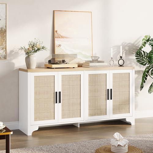 GarveeHome 4-Door Sideboard Buffet Cabinet, Natural Rattan Storage Cabinet, Boho Entryway Console Table, Coffee Bar Station for Dinning Room, Living Room, Kitchen, White