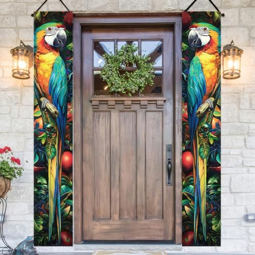 Image of BlissYard 2pcs Summer Door Banner Hawaiian Tropical Parrot Porch Sign Banner Tropical Floral Colorful Parrot Wall Hanging Banners for Outdoor Spring Summer Tiki Bar Decor Party Supplies