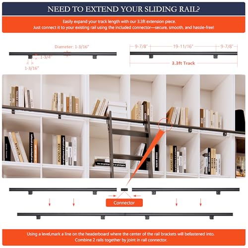 Image of 87 inch Black Sliding Library Ladder with 3.3FT Hook Track - Lightweight Aluminum Rolling Ladder with Braking Wheels, Space-Saving Rail Mounted Ladder System for Home Library, Closet & Storage
