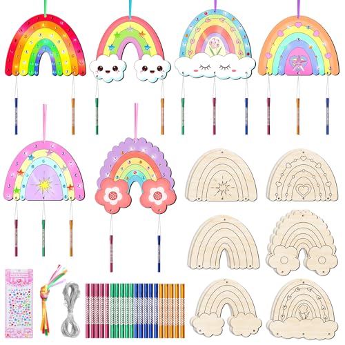 Nourdom 12tlg Regenbogen Windspiel Bastelset, holz bastelset kinder Klangspiel Basteln holzbastelsets für kinder Bastelhandwerk Kreativsets für Regenbogen Deko Mädchen Junge Kindergeburtstag