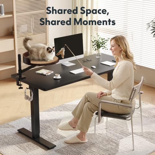 Image of FLEXISPOT EN2 55 inch x 28 inch Standing Desk with Solid Wood Cat Bed Bundle, 1 inch Thick Desktop, Desk-Mounted Cat Perch with Scratcher, Black