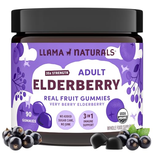 Llama Naturals Elderberry Gummies for Adults Vegan Organic Immune Support Supplement with Vitamin C and Zinc Real Fruit Gummy Vitamins for Immunity Chewable No Added Sugar Cane 90 Ct