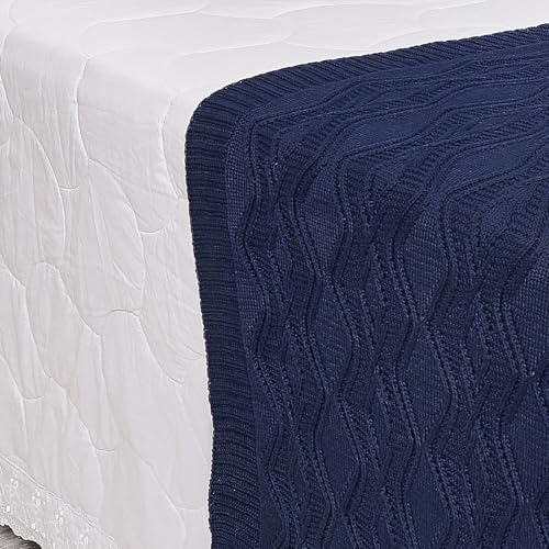 Kit Peseira Tricot Cama Casal King Aran + 3 Capas Almofadas (Azul Marinho)
