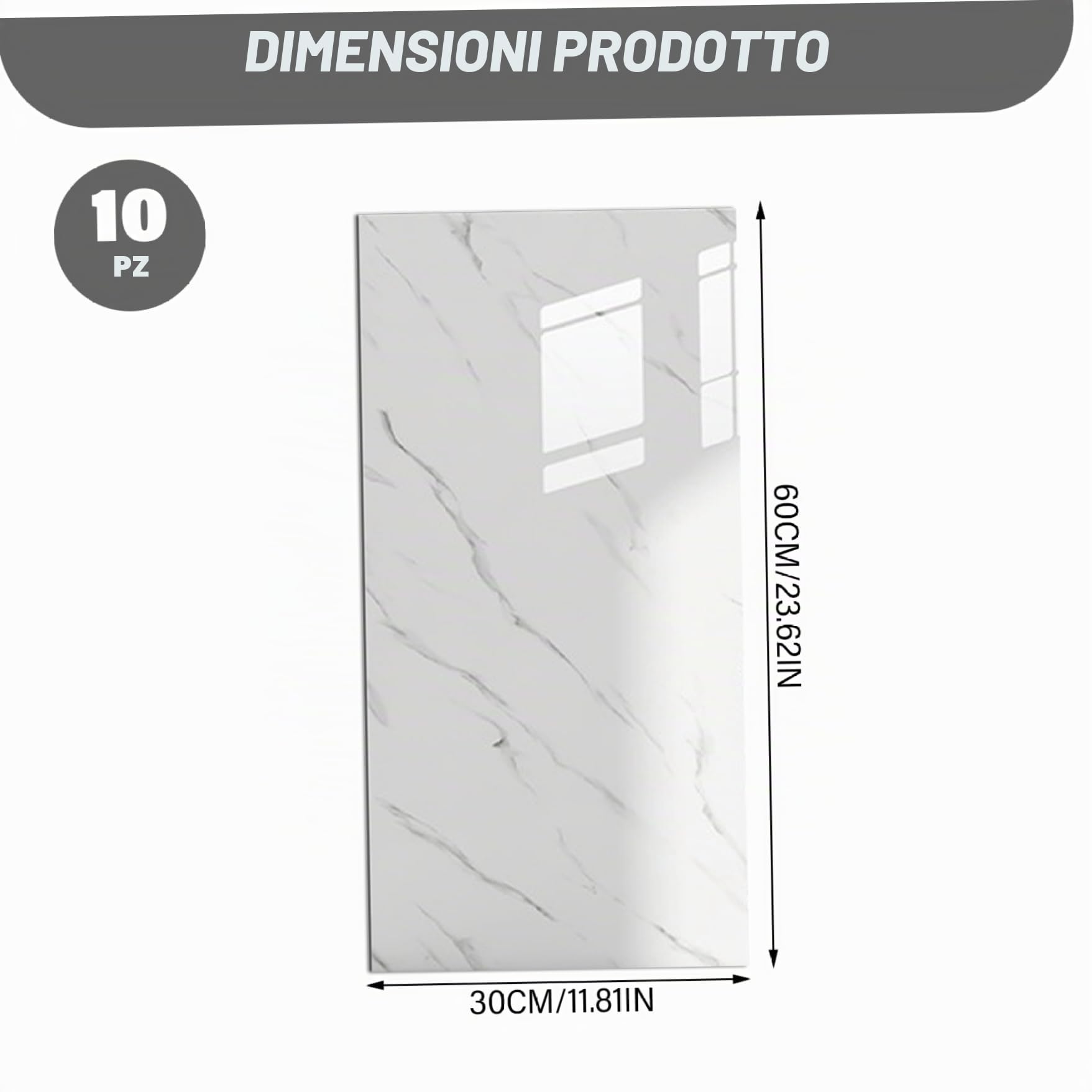 10 pannelli da parete staccabili e adesive, 30x61 cm, impermeabili, con effetto marmo, adesivi per piastrelle in PVC per cucina e bagno, bianchi