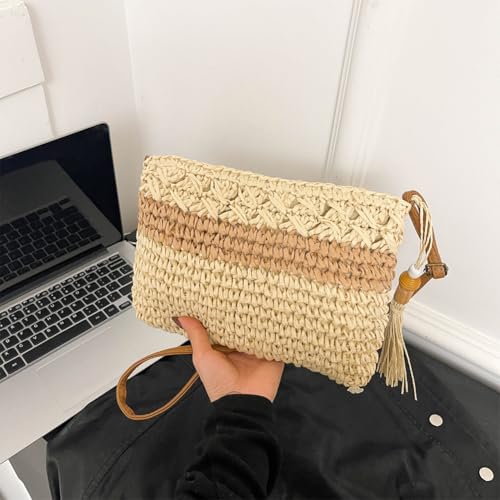 Women Stylish Knit Shoulder Bag with Tassel Hand Woven Sling Bag Wooden Bead Tote Bag Female Travel Commute Shoulder Bag2
