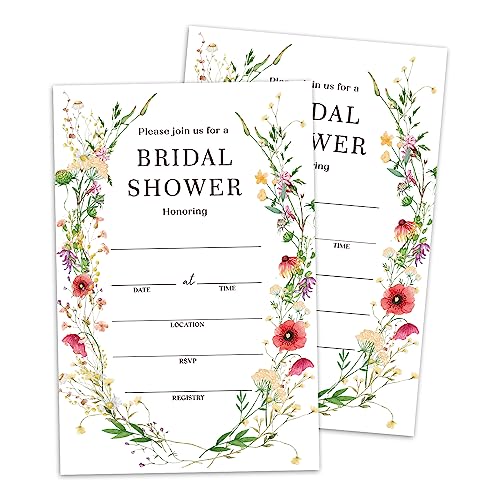 WwongxianB Set of 25 Bridal Shower Wildflower Invitations with Envelopes, Fall Wreath Invites for Bridal Shower, Wedding Party Invitations, Fill in Style Invites Cards -010