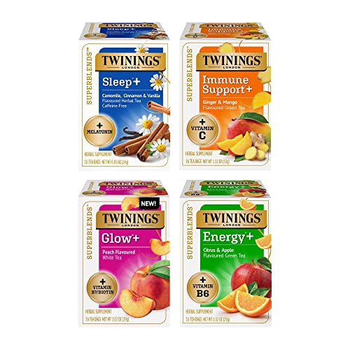 Image of Twinings Superblends Variety Sampler Pack,Flavoured Herbal, Green & White Tea,Energy+ Vitamin B6, Sleep+ Melatonin, Immune Support+ Vitamin C, Glow+ B7/Biotin, 16 Count (Pack of 4), Enjoy Hot or Iced