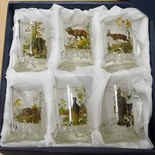 6 teiliges Schnaps Krügle Krügerl Gläser Set mit farbigen Jagdmotiv - 2 cl -