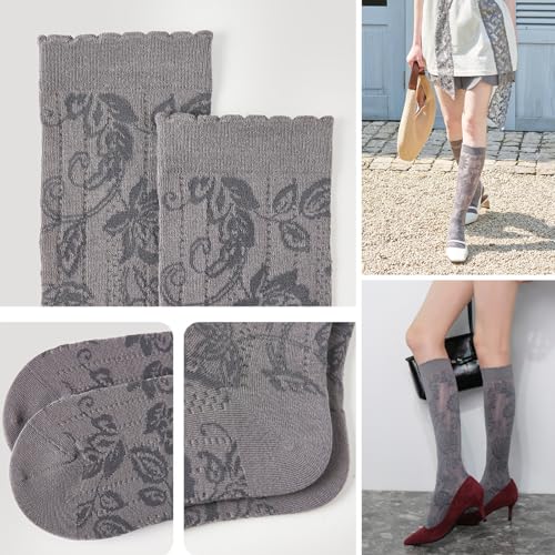Women's Retro Casual Floral Hollow Knee High Socks Vintage Chic Calf Socks with Breathable Cutout Design - Image 6