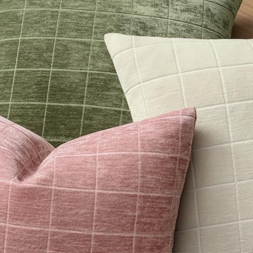 Image of MIULEE Blush Pink Plaid Decorative Throw Pillow Covers 20x20 Set of 2 | Vintage Check Chenille Couch Pillows Neutral Boho Farmhouse Cushion Covers Modern Home Decor for Sofa Bed Living Room