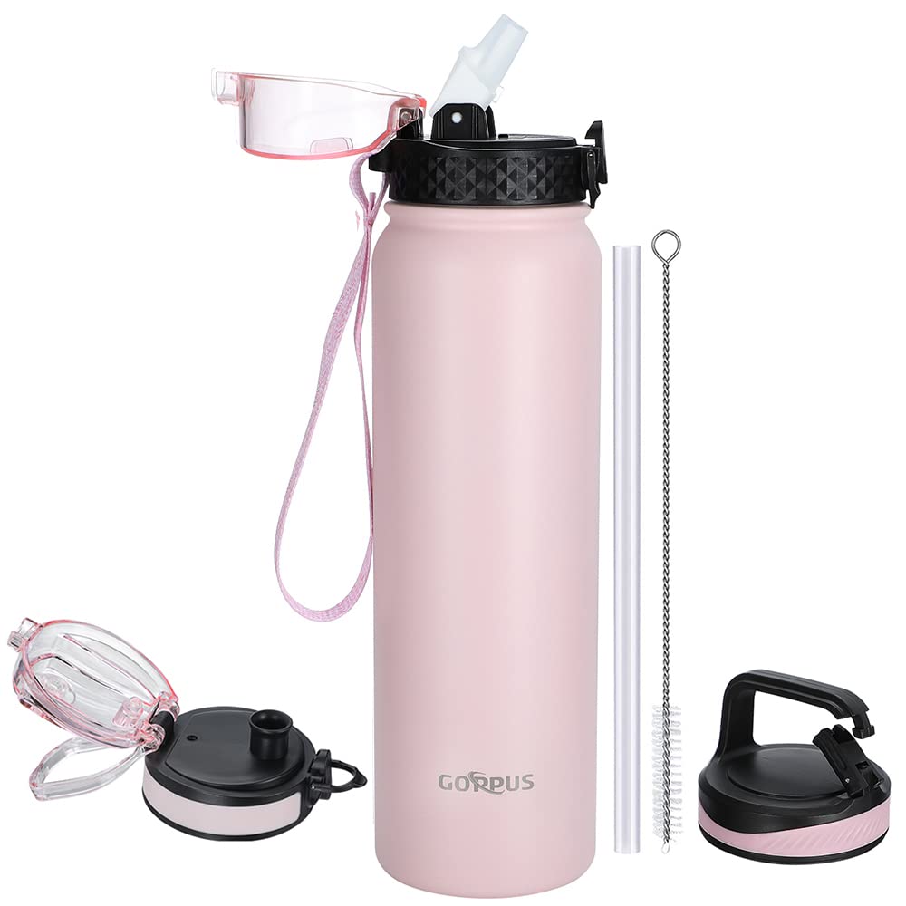 GOPPUS 32 oz Sports Water Bottle Double Wall Vacuum Insulated Stainless Steel Water Bottle with Straw Spout Wide mouth Lid Strainer Reusable Leakproof Metal water bottles with Strap Handle (3 lids)