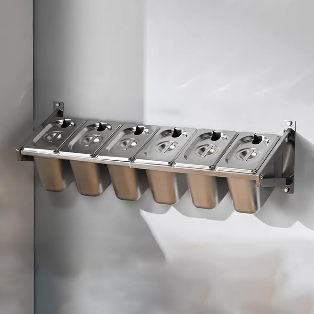 GTHTUHFD Commercial Wall Mounted Stainless Steel Spice Rack With Lid And Spoon, Spice Dispensing Container Set, Salad Buffet Dispensing Station, Pizza Topping Compartment Tra,6 Grids