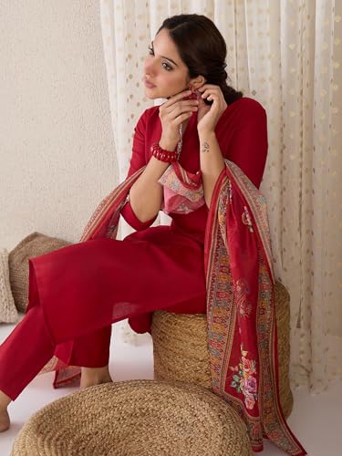 Image of INDO ERA Women's Straight Cotton Blend Ethnic Motifs Embroidered Kurta Pant With Dupatta Set