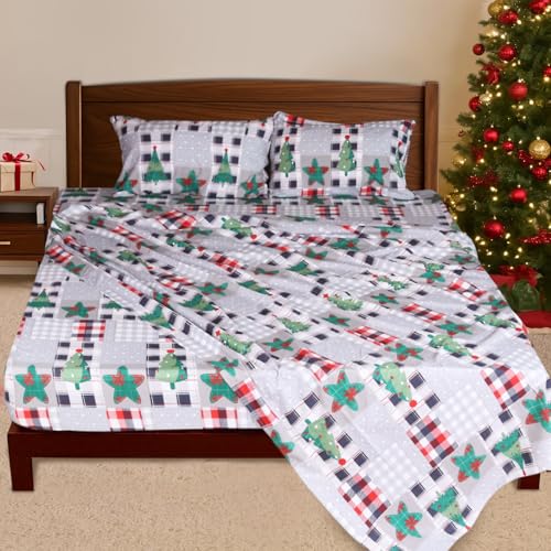 HITIME Queen Size 4-Piece Christmas Sheet Set - Ultra Soft & Breathable Polyester Bed Sheets All Season Cooling Bedding with Deep Pockets Wrinkle & Fade Resistant (Christmas Gray Splicing)