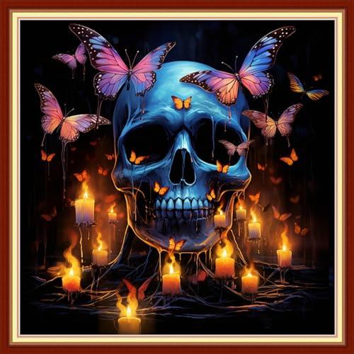 Image of Disxvivy Cross Stitch Stamped Full Embroidery Kits DIY 11CT Cotton Thread Printed DIY Needlepoint Kits Craft Needlework Set Cross-Stitch Stamped Sets-Skeleton Butterfly 18x18 inch