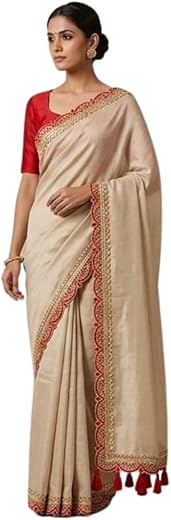 Women’s Silk Saree with Blouse Piece | Plain Elegant Saree with Embroidered Scallop Lace Border &amp; Tassels