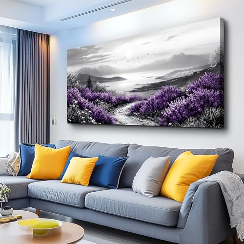 KELIYUAN Large Purple Grass Wall Art Home Decor Bedroom Office Black And White Landscape Modern Printed Canvas Wall Decor Natural Scenery Living Room Decoration Can Be Hung Directly 30x60 Inches