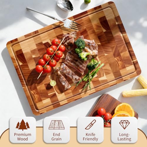 Tabla de Cortar de Madera de Acacia para Cocina, Tabla Grande de Madera Maciza con Ranuras y Asas, para Carnes, Verduras y Frutas, 38,0 cm x 26,0 cm x 2,2 cm miniatura 2