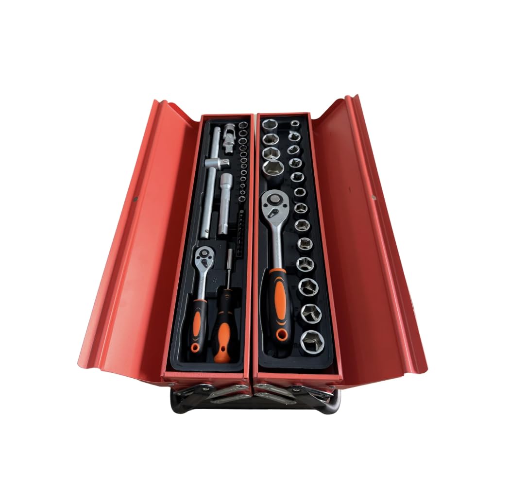 81 Parça Profesyonel Katlanabilir Metal Sandık Alet Takımı – 5 Gözlü Çanta, 1/2" & 1/4" Cırcır Lokma Seti, Kombine Anahtarlar, Pense Seti, Usta ve Ev Kullanımı İçin Tamir Çantası