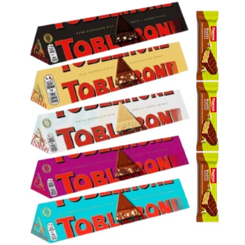 Toblerones Chocolates (Dark White Milk Almond Fruit & Nut) Pack of 5 x 100g Each And FREE 3 Prestige Waffi Pistachio Wafer Bars - (Imported)