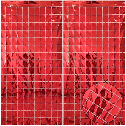 Image of 2 Pcs Red Foil Fringe Square Curtain Backdrop - Red Streamers Party Decorations, Sequin Square Curtain Photo Backdrop Props for Graduation Party Bachelorette Birthday Wedding Decor, 3.3 x 6.6 Ft