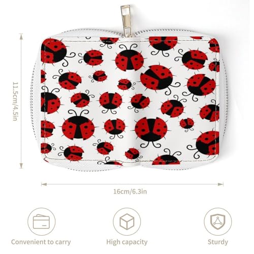 Women Leather Coin wallet, Key Change Organizer Zipper Card Holder Purse Clutch Pouch Pocket 4.5x3.15 in Print Seamless Red Ladybugs Texture on White3