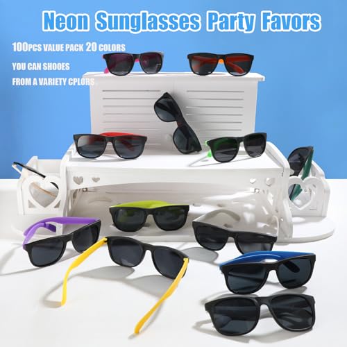 100 Pack 20 Colors Neon Party Sunglasses Bulk,Sunglasses Party Favors for Adult and Teen,80's Style Plastic Sun Glasses for Birthday Graduation,Summer Pool,Beach,Outdoor Party,Goody Bag Favors3